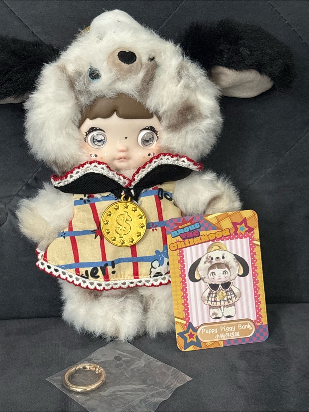 Plush Puppy Doll in White and Black Faux Fur with Patterned Coat